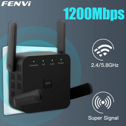Immagine di Ripetitore WiFi AC1200 Dual Band 2.4GHz e 5GHz - Estensore di Rete con Velocità Fino a 1200 Mbps, Design Compatta e Nero, Ideale per Coprire Grandi Spazi