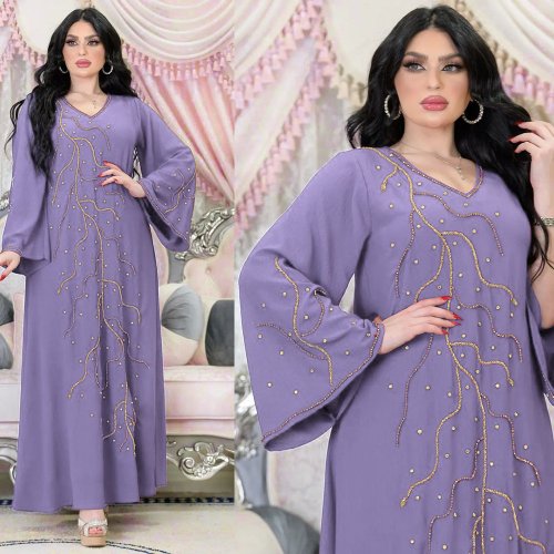 Image of Elegant Muslim Women's Caftan Dress for Eid, Ramadan, and Evening Parties – Dubai-Style Abaya with Islamic Fashion Design