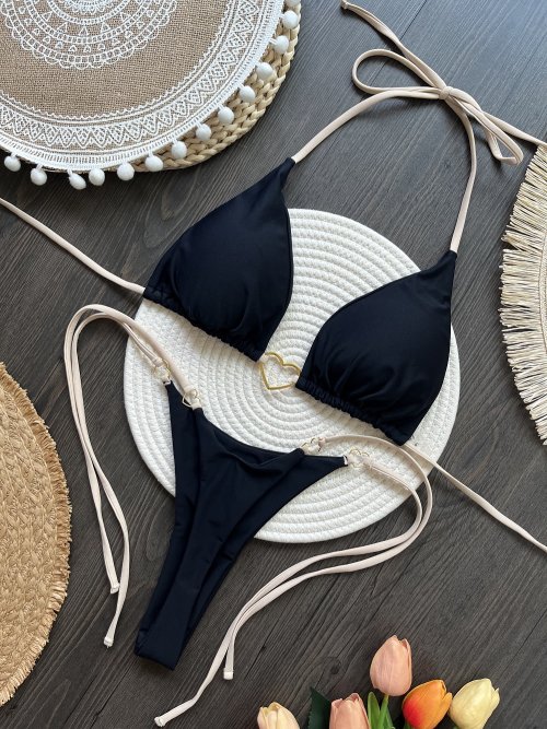 Imagen de RUOTONSEPT-Conjunto de Bikini de color liso con cuello Halter para mujer, traje de baño Sexy con Tanga triangular de dos piezas, bikinis brasileños
