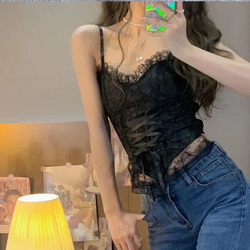 Image of Elegant Women's Lace Corset Crop Top with Bandage Design – Sexy Sleeveless Camisole and Sling Tank Top for Fashionable Everyday Wear