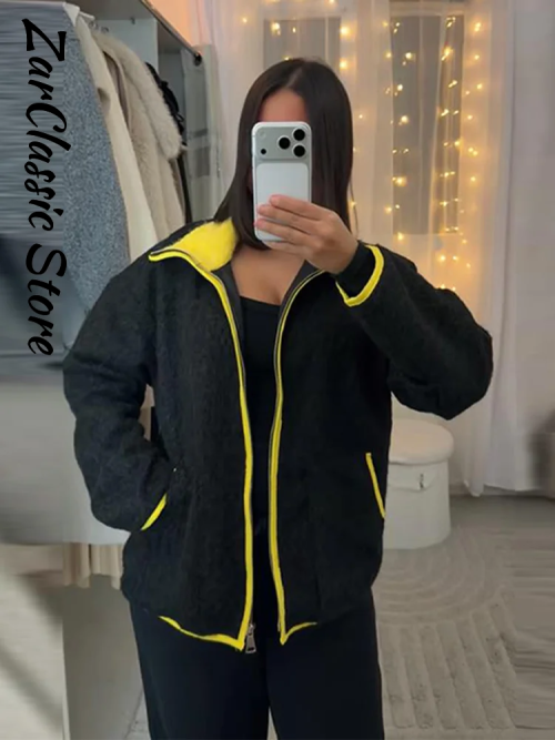 Imagen de Chaqueta de Lana Informal con Contraste para Mujer, Abrigo Femenino de Manga Larga con Bolsillos, Cremallera y Cuello Levantado, Moda Otoño-Invierno 2025