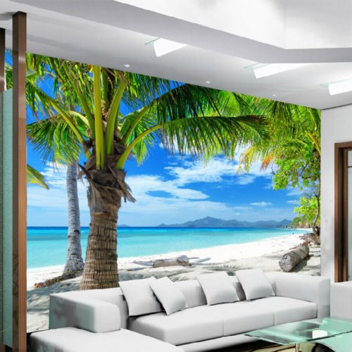 Bild von Benutzerdefinierte 3D-Wandbild Mediterran – Modernes Minimalistisches Meer-Strand-Motiv mit Kokosnuss, Wandmalerei für Sofa, Wohnzimmer und TV-Hintergrund als Fototapete