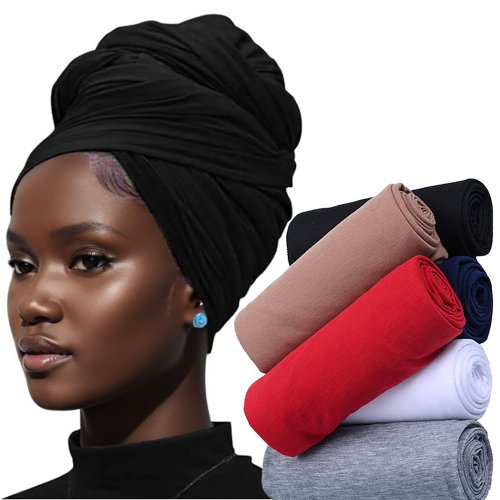 Bild von Kopfwickel für schwarze Frauen, Turban-Kopfwickel, dehnbare afrikanische Haarwickel, Jersey-Kopftuch, Krawatten-Stirnbänder