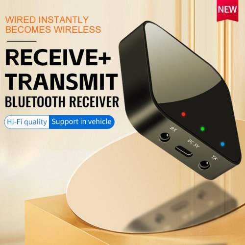 Immagine di Adattatore Audio Bluetooth 5.4 Wireless con Ricevitore e Trasmettitore per Cuffie, TV, PC e Auto - Connessione AUX da 3,5 mm