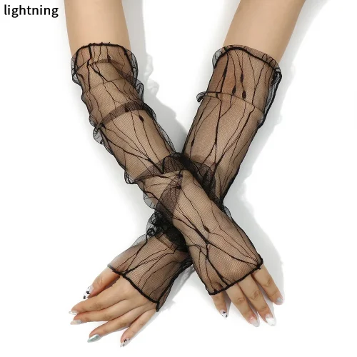 Imagen de Mangas de protección solar de malla para mujer, guantes de encaje UV finos, calentadores de brazos d...