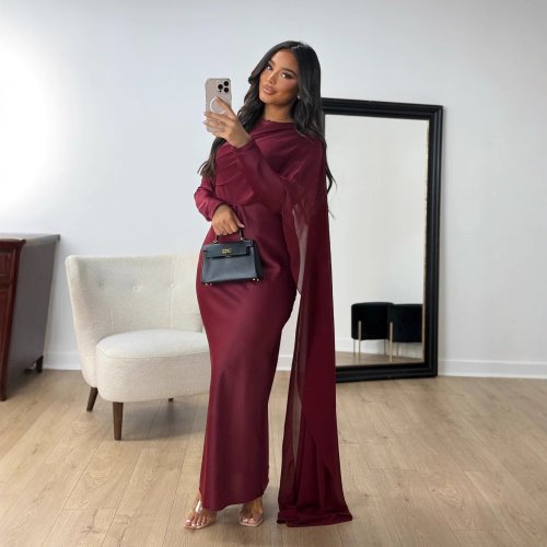 Image of Elegant Solid Color Satin Chiffon Evening Dress for Middle Eastern Muslim Women – Slim Fit Formal Gown Perfect for Dubai and Turkey Events