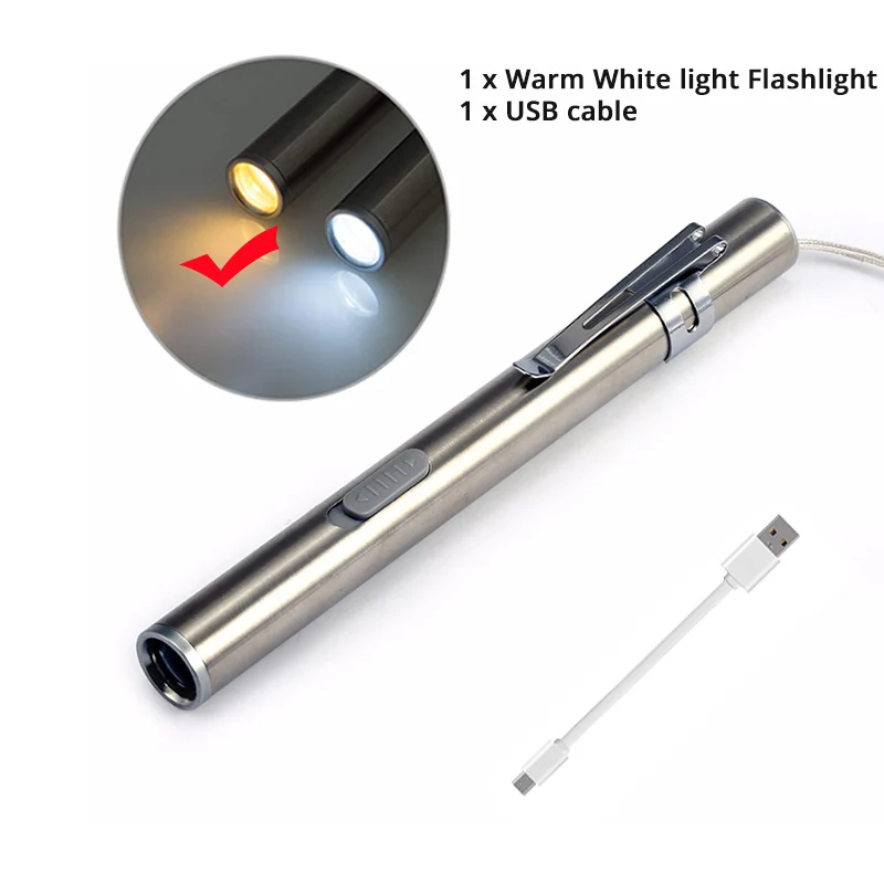 Immagine di Mini portatile medico pratico LED penna luce torcia USB ricaricabile dentista infermiera torcia con Clip in acciaio inossidabile