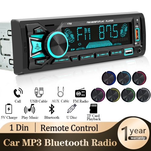 Imagen de Reproductor de MP3 para Coche 1DIN con Bluetooth, Radio FM, USB, Tarjeta TF, Control Remoto y Carga Rápida para Teléfono