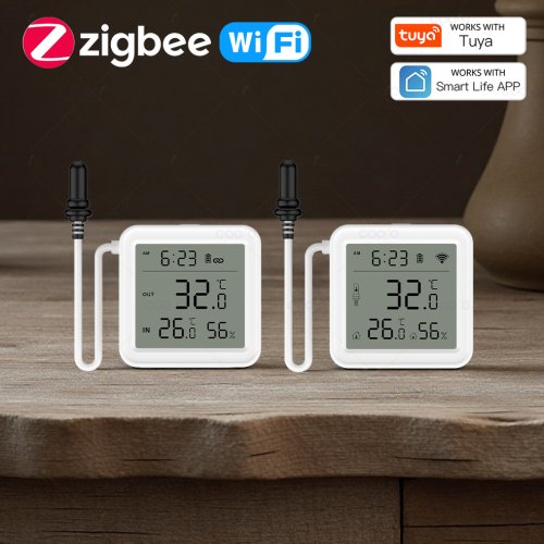 Afbeelding van Tuya WiFi & Zigbee Temperatuur- en Vochtigheidsmeter met Externe Sensor – Digitale LCD Display voor Aquarium, Vriezer en Slimme Huishouding