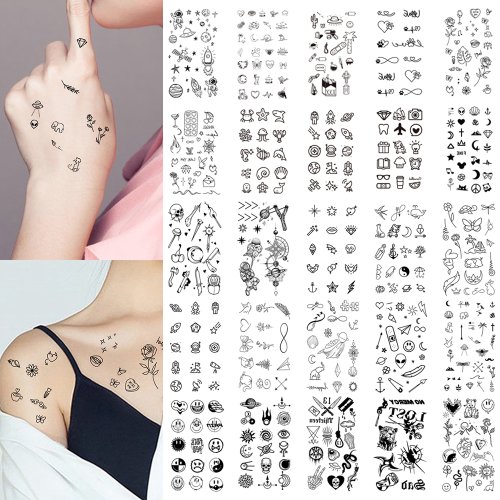Afbeelding van 10 stuks waterdichte tijdelijke tattoo stickers met liefde, emoticons, maan, zon, lijnen, schedel en planeet – nep tatoeages voor pols en lichaam, geschikt voor mannen en vrouwen