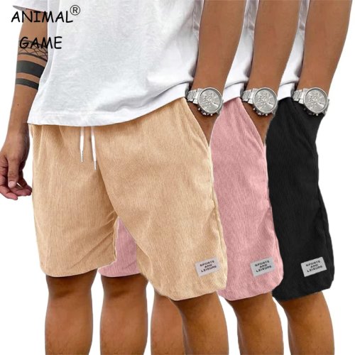 Imagen de Pantalones Cortos de Pana Lisos para Hombre, Verano, Cintura Elástica con Cordón, Ropa Casual para Actividades al Aire Libre