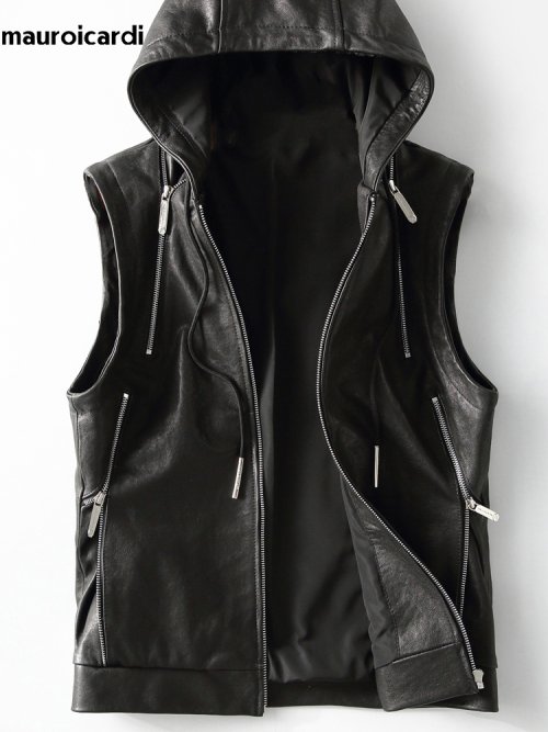 Image de Gilet en Cuir Noir à Capuche pour Hommes - Style Luxe 2023