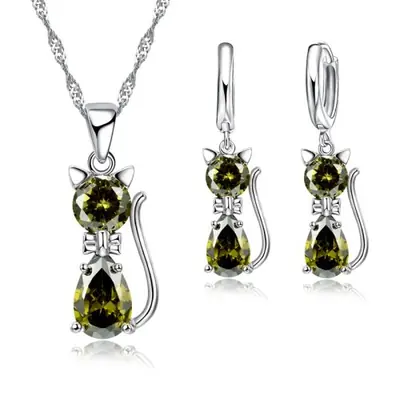 Image de Collier Chat Mignon + Boucles d'oreilles en Argent 925