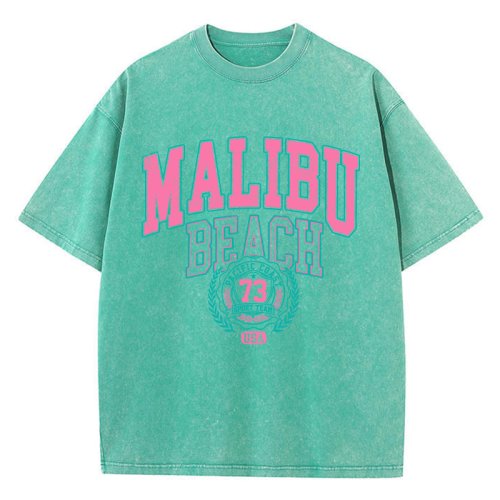 Immagine di Malibu Beach T-shirt lavata da donna T-shirt in cotone con stampa di lettere Confortevole girocollo Top Casual T-shirt oversize Abiti femminili