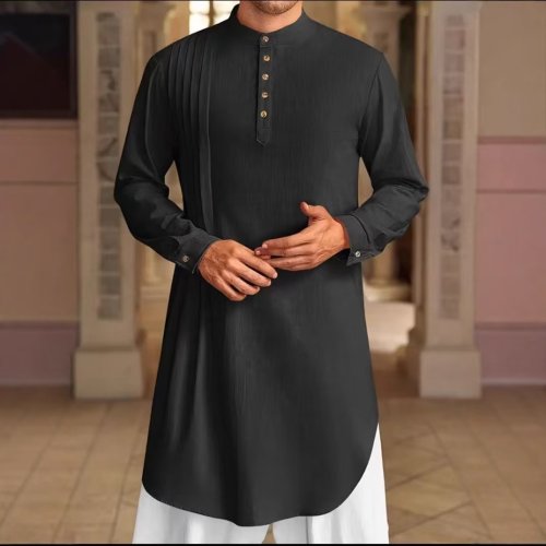 Image of Men's 100% Cotton Long Sleeve Islamic Kaftan Robe – Traditional Jubba Thobe for Pakistan, Saudi Arabia & Middle East