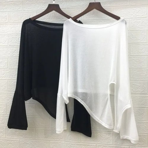 Image of Elegant Ice Silk Knot Solid Color Long Sleeve Dance Top with Split Design – Loose Fit Modern Stage Wear for Sun Protection