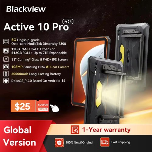 Image of Blackview Active 10 Pro Rugged Tablet with 5G, MTK 7300 Chipset, 11-inch FHD Display, 12GB RAM, 512GB Storage, 30000mAh Battery, and 108MP Camera