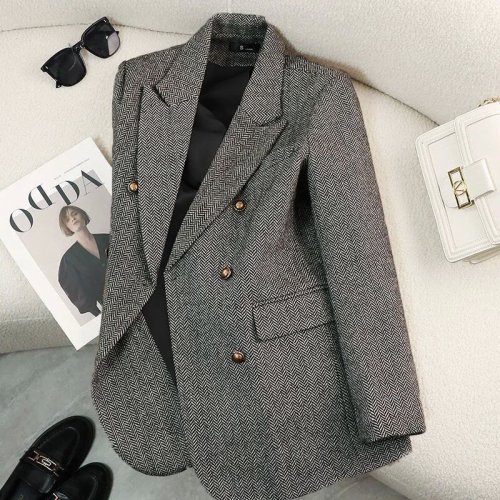 Imagen de Blazer de Lana Elegante para Mujer, Chaqueta de Otoño e Invierno con Detalles Vintage, Manga Larga y Corte Ajustado, Prenda Exterior Caliente y Estilosa