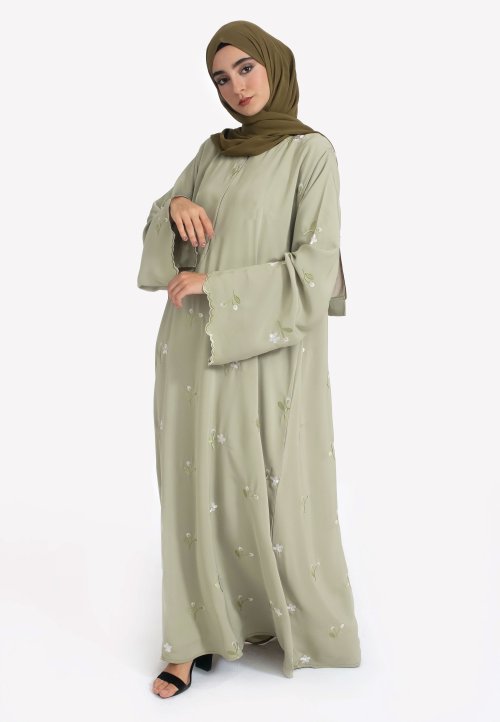 Immagine di Elegante Abaya islamico musulmano per donna Ricamo floreale verde chiaro Polsini delicati Ideale per l'UAE Arabia Saudita Qatar
