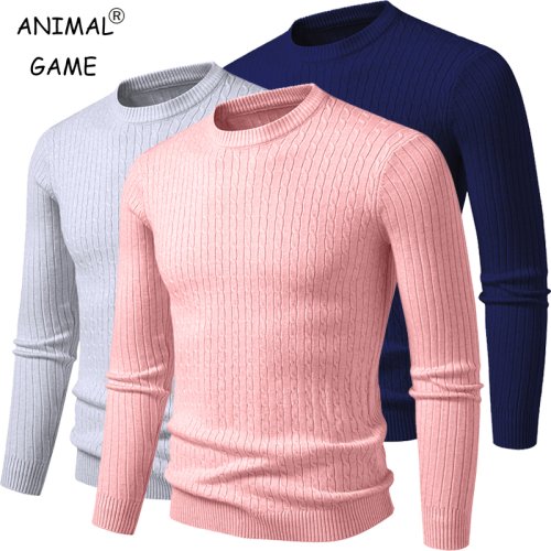 Image of Men's Lightweight Crew Neck Sweater with Twist Cable Knit Pattern – Long Sleeve Casual Pullover for Everyday Wear