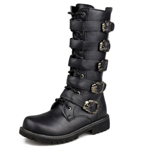 Imagen de Botas de Moto de Cuero PU para Hombre Talla Grande 38-46, Botas de Combate Transpirables a Media Pantorrilla con Cinturón Gótico, Estilo Punk Rock