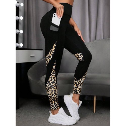 Image of Women Printed Yoga Leggings Leopard Splicing Together Leggings High Waist Butt Lift Fashion Fitness Running with Pocket Legging