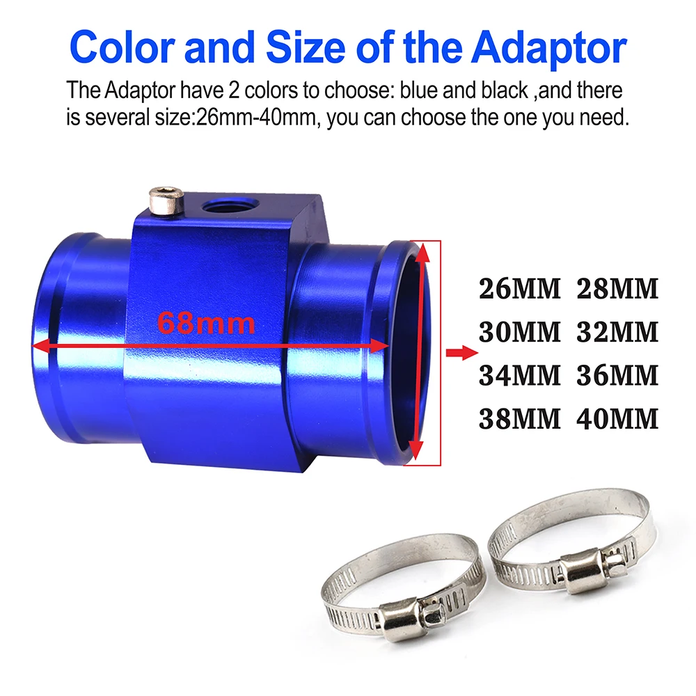 Imagen de Medidor de temperatura del agua de aluminio azul y negro, 26MM-40MM, temperatura del radiador, Sensor de tubo de junta de temperatura del agua para medidores de coche y camión