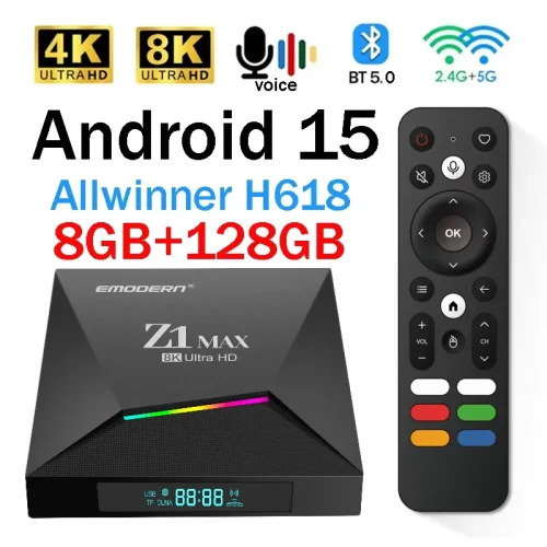 Z1 Max TV Box z Androidem 15, Allwinner H618, Czterordzeniowy Procesor, 4G/5G, Dual WiFi, Odtwarzacz Multimedialny 8K/4K HD, Bluetooth 5.0, Obsługa Sterowania Głosowego i Pilotu