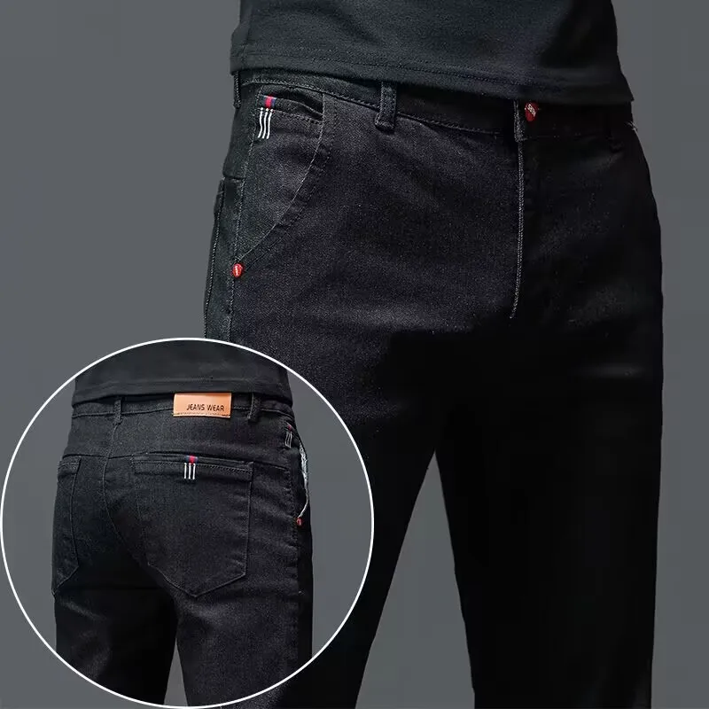 Imagen de Pantalones Vaqueros de Algodón para Hombre en Color Negro Gris Oscuro, Corte Clásico Ajustado y Elástico, Estilo Informal con Toque de Moda Coreana, Ideal para Jóvenes