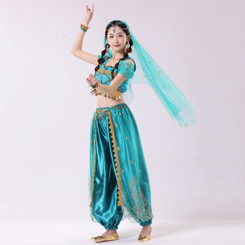 Bild von Halloween Festival Arabische Cosplay Prinzessin Jasmin Kostüm Bauchtanz Indischer Bollywood Schleier Top Hose Zubehör Set Festival