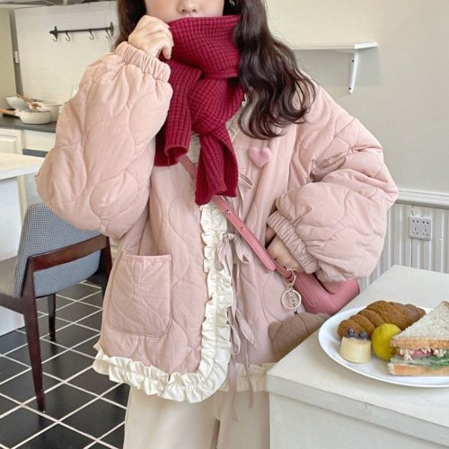 Image of Sweet Ruffled Pink Y2K Trendy Lolita Parka with Japanese Lace-Up Design – Kawaii Cotton Winter Jacket for Women, Plush Warm Vintage Casual Outwear