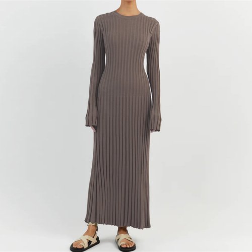 Imagen de Vestido largo de manga larga de punto acanalado para mujer, Vestido largo de tubo con lazo en la cintura, cuello redondo, estilo Vintage de los años 90, ropa de calle