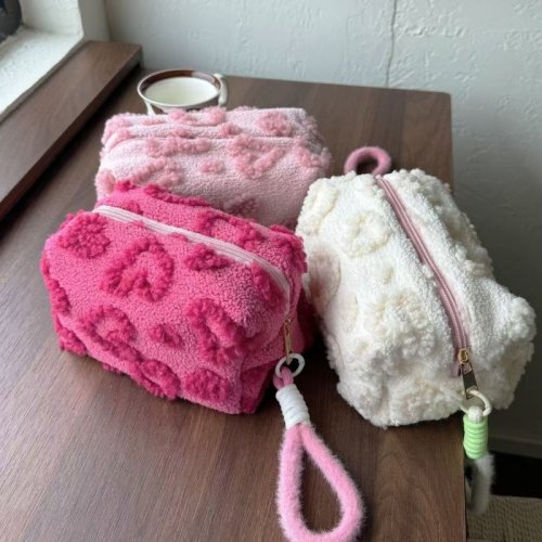 Image of Soft Plush Makeup Bag with Handle – Portable Love Print Cosmetic Organizer, Cute Travel Clutch Pouch for Women and Girls