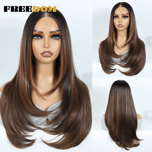 Afbeelding van Synthetische Lace Front Pruik voor Zwarte Vrouwen – Gelaagd Recht Haar met Ombre Bruin Kleur, T-Deel 6x4, Pre-Geplukt, Lijmloos & Slijtvast