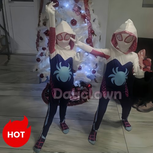 Image of Girls' Gwen Stacy Spider-Verse Cosplay Costume - Officially Inspired Spider-Gwen Bodysuit Jumpsuit for Kids Halloween, Superhero Party Outfit and Role Play