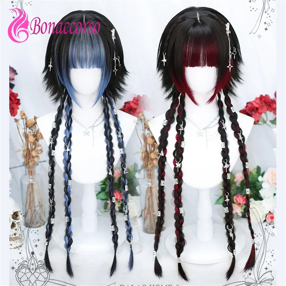 Afbeelding van Lolita paardenstaart gevlochten cosplay pruik synthetische lange vlechten pruik schattig meisje hoogtepunt haar stompe pony hittebestendige vezel pruik