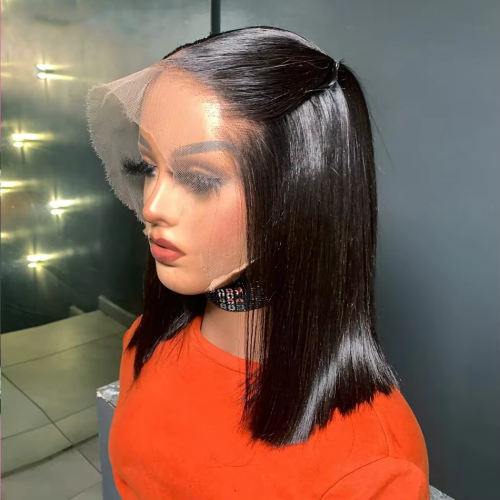 Image of Natural Straight Short Bob Wig with 13x4 Human Hair Lace Frontal, 200% Density Remy Hair, Pre-Plucked Transparent Lace, 4x4 Closure – Stylish & Comfortable Wig for Women