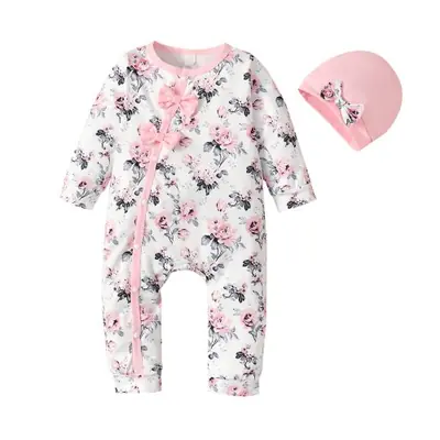 Barboteuse Fille 0-18 Mois - Body Fleuri avec Chapeau