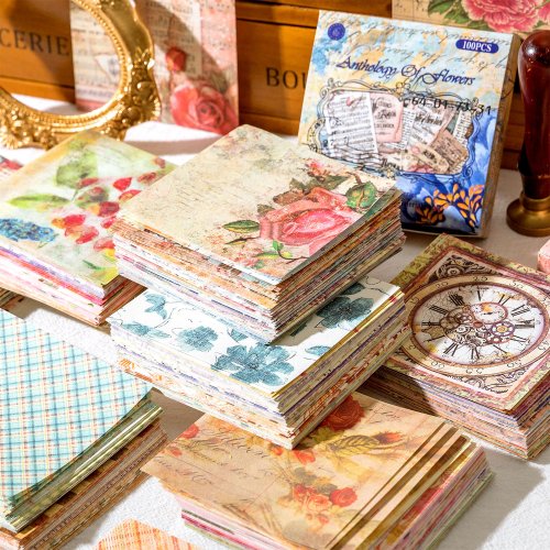 Image of 100-Piece Vintage Pattern Scrapbooking Paper Set – Handmade Decorative Sheets for DIY Journals, Albums & Craft Projects