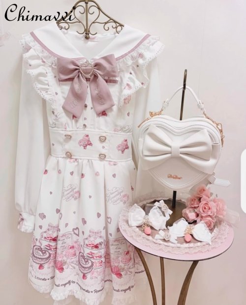 Image of Liz Dress Mine Sweet Printed Afternoon Tea Dress Suit Mass Production Navy Neck Dresses and Bottom Skirt Lolita Two Piece Set