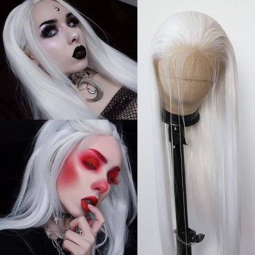 Image of Platinum White Long Straight Lace Front Wig with Natural Look Heat-Resistant Synthetic Hair Half Hand-Tied for Cosplay and Daily Wear