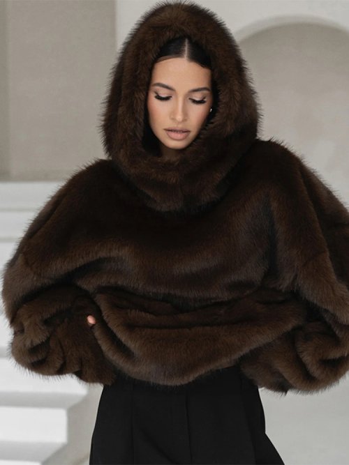 Image of Women's Brown Faux Fur Coat with Hood – Oversized Luxurious Long Sleeve Jacket with Pockets, Chic Streetwear for Fall Winter 2025