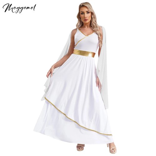 Image of Womens Ancient Greek Toga Goddesses Costumes Party Halloween V Neck Sleeveless Gold Trims Toga Greece Roman Queen Cosplay Dress