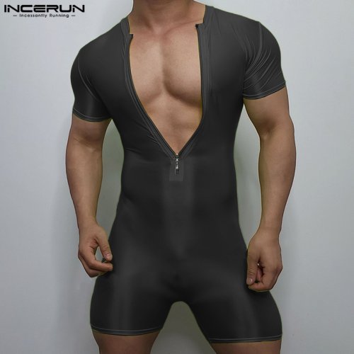 Bild von INCERUN Männer Bodys Einfarbig Zipper Kurzarm Sexy Männlichen Strampler Playsuits 2025, Dünne Sommer Mode Bodys Männer S-3XL