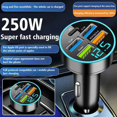 Image de Chargeur Voiture 250W USB-C PD & QC3.0 - 5 Ports + Affichage Numérique