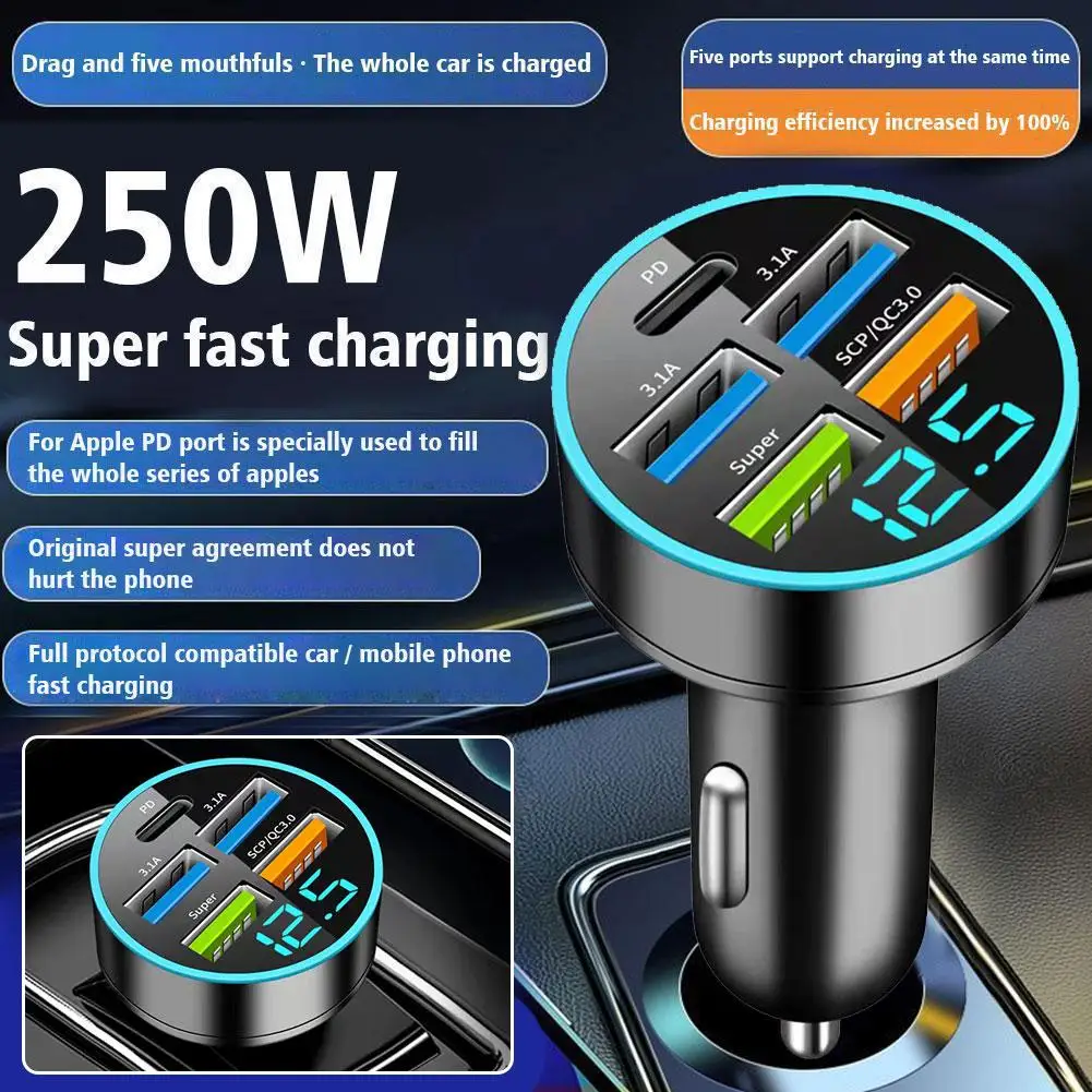 Imagen de Cargador de Coche 250W con Puerto USB-C PD y QC 3.0, 5 Puertos de Carga Rápida con Pantalla Digital para Dispositivos Móviles
