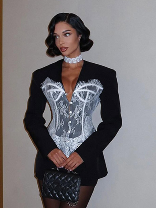 Image of Elegant Women's Lace Patchwork V-Neck Long Sleeve Blazer – High Street Fashion 2025 Single-Breasted Party Coat for Dinner and Evening Events