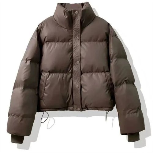 Immagine di Giubbotto Corto da Donna in Pelle Ecologica con Collo Alto, Imbottito in Piumino e Cotone, Stile Fashion Invernale 2024, Taglia Piccola, Caldo e Morbido