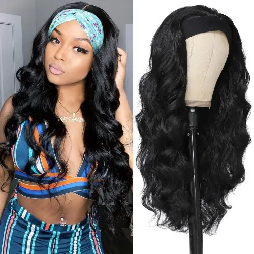 Image de Perruque Bandeau Synthétique Ondulée Longue - Noir avec Reflets Blond-Brun