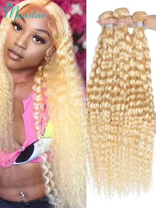 Immagine di Capelli Ricci Profondi Biondi Platino - Fasci di Tessuto Malese